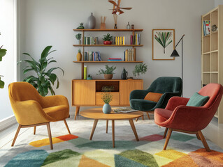 Colorful Mid-Century Modern Living Room with Bold Accents