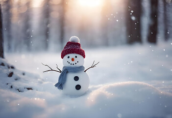 Fototapeta premium A cheerful snowman adorned with a blue hat and scarf in a snowy forest at sunset, radiating winter joy and playfulness