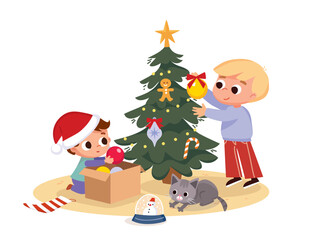 Boys decorating a Christmas tree at home, hang ornaments, wrap lights around the tree, place the topper drape garlands Christmas activities. Kids prepare for Christmas.