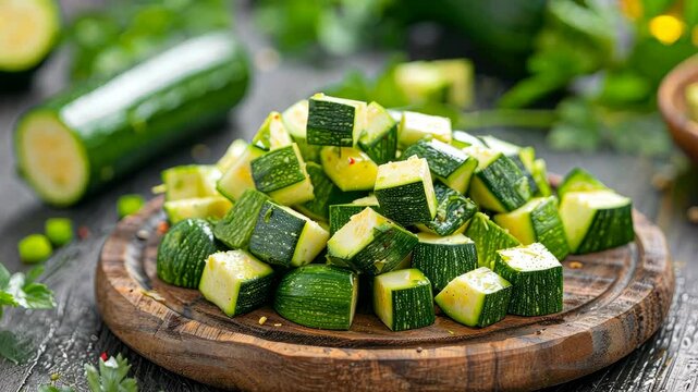 A close-up of diced zucchini on a wooden cutting board