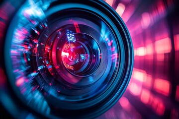 Abstract Camera Lens with Blue and Red Glows