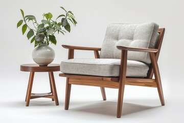 Mid-Century Armchair with Dark Wood Frame, Grey Fabric Seat, and Stylish Side Table in Ultra Realistic Style