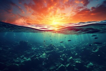 Obraz premium Underwater surface with sunset sunlight outdoors nature.