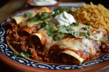 Hearty Beef Enchiladas with Cheese and Red Sauce Served with Spanish Rice and Refried Beans