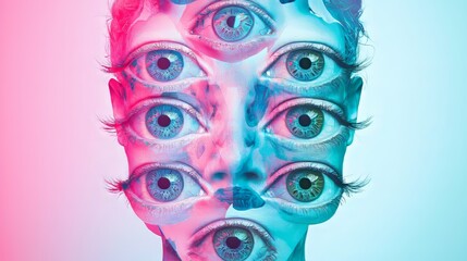 Surreal Multicolored Face with Multiple Eyes