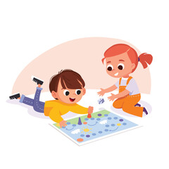 Children sitting on a floor play table games. Kids having fun while playing board game. Spending time playing tabletop games. Vector illustration.