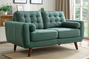 Mid-Century Modern Teal Blue Chair with Square Armrests and Wooden Legs, Paired with Light Gray Vintage-Inspired Sofa