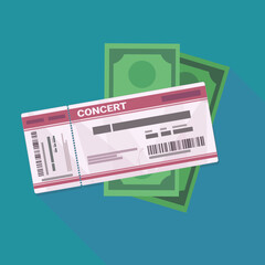Fototapeta premium Concert ticket on a wad of green dollar bills on a blue background with long shadow (flat design)
