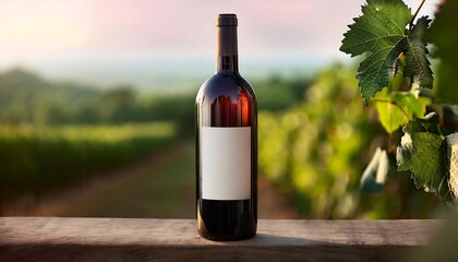 Fototapeta premium Creative mock-up of a tall amber wine bottle with blank label in a vineyard during sunset. Generative AI