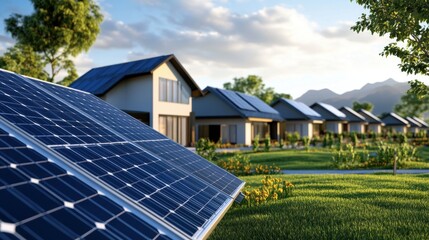 Fototapeta premium Modern Homes with Solar Panels and Scenic Landscape