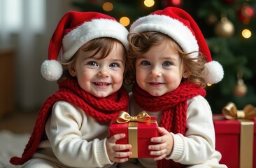 Happy children in Santa's Christmas hat with a gift box in their hands on the background of Christmas trees. Celebrating Merry Christmas, New Year's Eve, the concept of December holidays