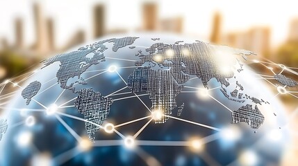 A 3D model of the world with lines connecting to points across the globe, against a blurred city background.