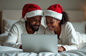 A happy young couple in Santa Claus hats make a video call