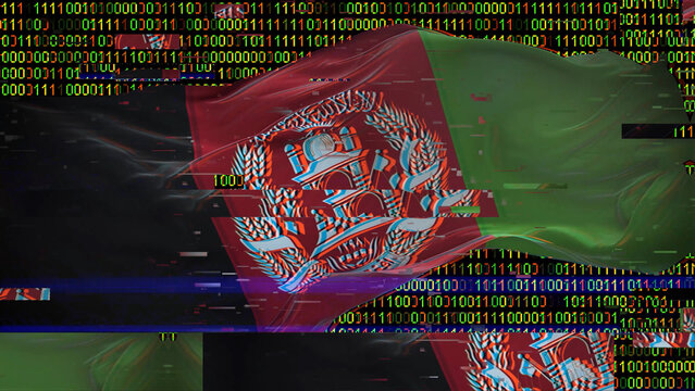 Binary code on flag of Afghanistan. Program source code or Hacker concept on Afghan flag. Afghanistan digital technology security, hacking or programming concept