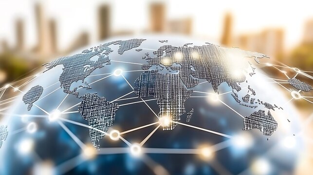 A 3D model of the world with lines connecting to points across the globe, against a blurred city background.