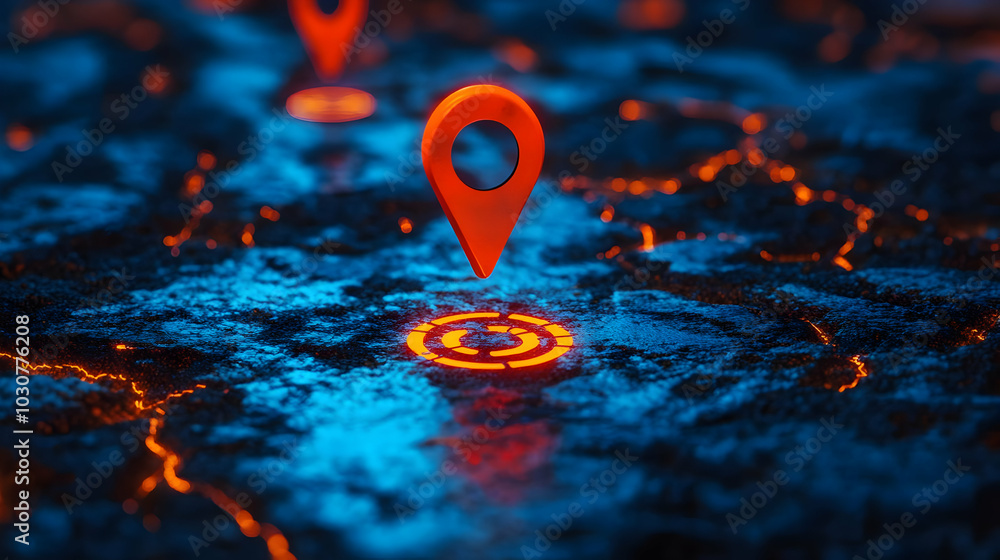 Aufkleber a vibrant digital map with location markers on a textured surface.