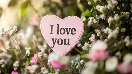 Minimalist wallpaper with the phrase "I love you" for Valentine's day in light tones with flowers