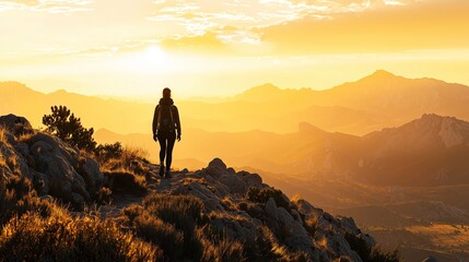 Silhouetted Hiker at Sunrise on a Mountain Ridge