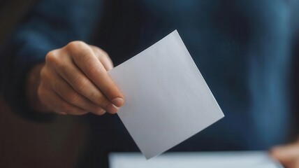 Obraz premium A person holds a blank card, possibly preparing for a selection or voting process, emphasizing decision-making or participation.