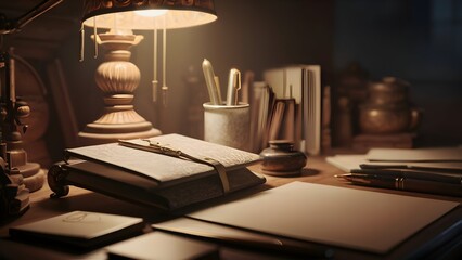Under the soft light of a stand on the desk, there is a letter paper to send greetings, ink, and a fountain pen.