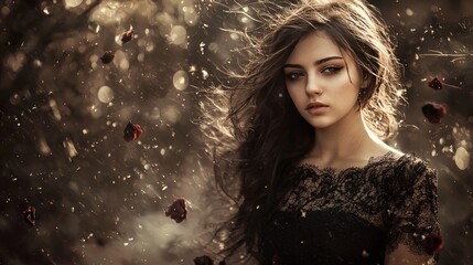 Enchanting Woman in Lace Amidst Falling Rose Petals in Ethereal Forest Setting
