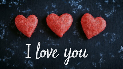 Minimalist wallpaper with the phrase "I love you" for Valentine's day in dark background with red hearts