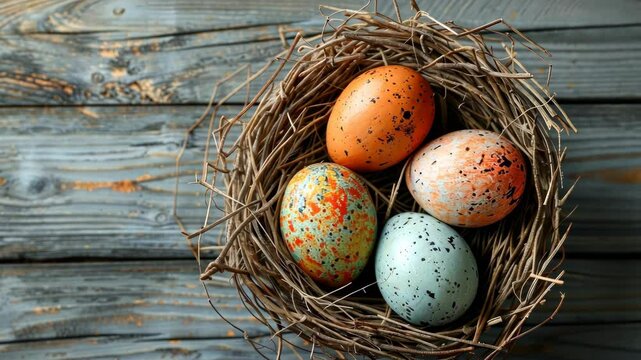 Four speckled Easter eggs rest in a woven nest on a wooden surface