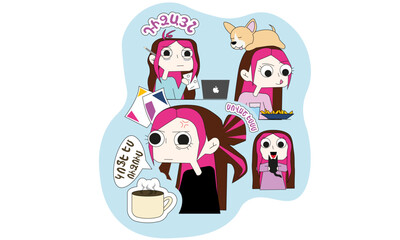 this is a girl cartoon composition illustration with pink hair with 