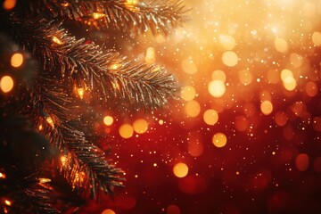 Fototapeta premium holiday greeting card, golden and silver lights, christmas tree on red backdrop elegant holiday digital card for merry xmas greetings ample space for text