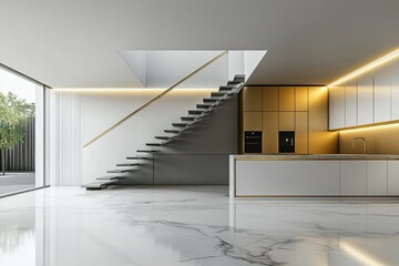 luxury silver and gold minimalist kitchen under stairs with elegant floor 