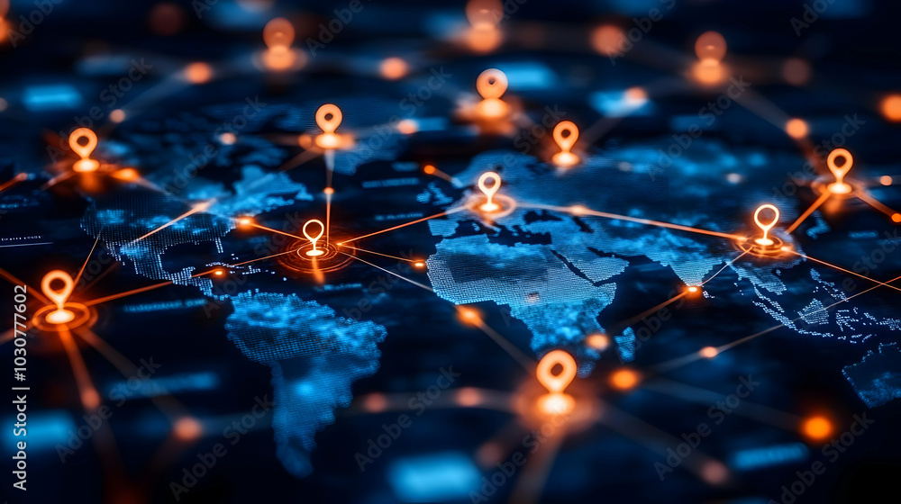 Poster digital world map with network connections and location markers.