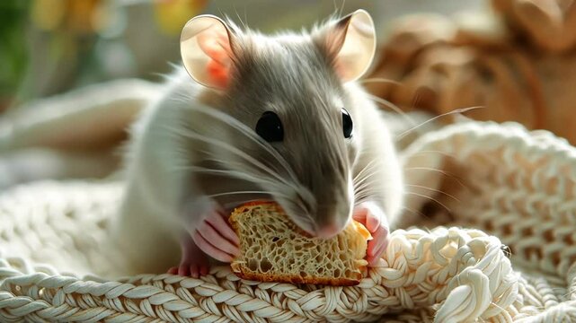 A cute rat eats a piece of bread on a white blanket