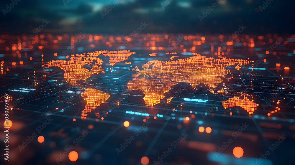 Poster digital world map with glowing data connections.