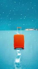 Obraz premium A suitcase standing in the snow near a glowing lamppost, with holiday lights twinkling nearby and a winter sunset in the background