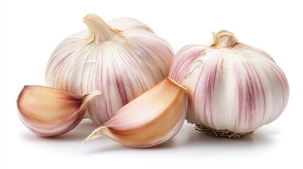Obraz premium Fresh garlic bulbs and cloves arranged on a white background, showing their natural texture and colour.