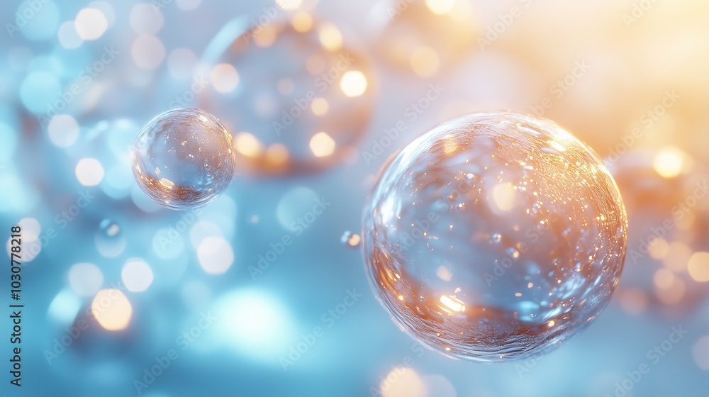 Poster abstract close-up of fluid, transparent bubbles in a soft, shimmering background