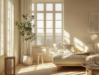 Sunny Minimalist Living Room with Wooden Sofa and Greenery