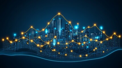 A futuristic cityscape with glowing lines and data points.