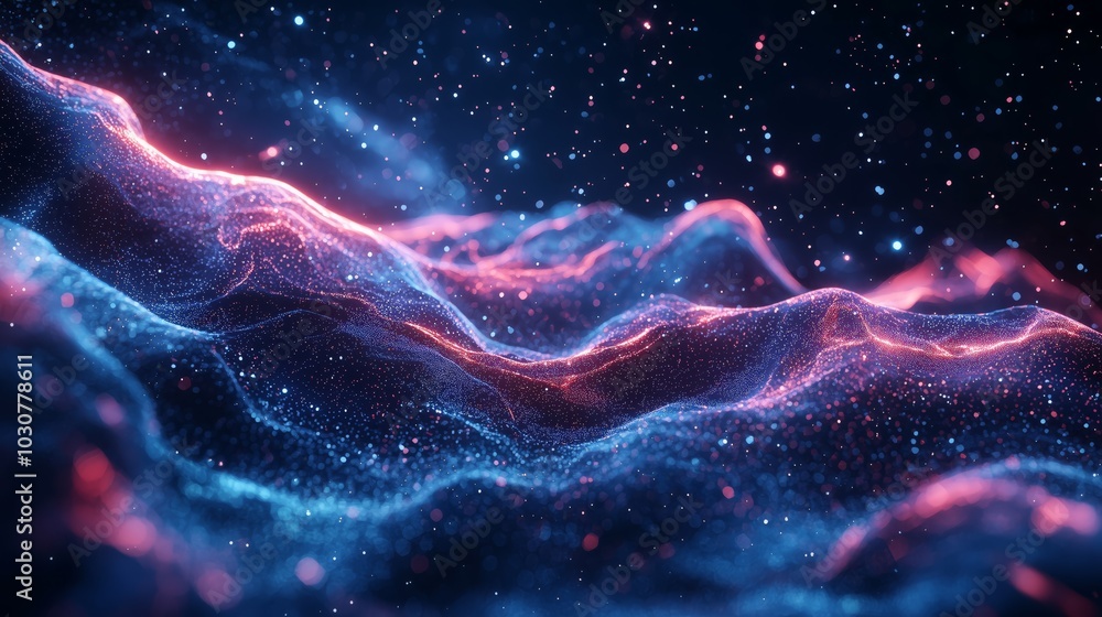 Poster glowing particles in abstract deep space waves