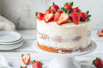 White Cream Cake with Fresh Strawberries, Home-Made Birthday Dessert in Minimalistic Kitchen, Summer Season Treat