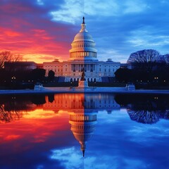Obraz premium US Capitol Building Divided by Red and Blue Sunset Reflection