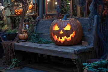 Fototapeta premium A scary spooky glowing carved halloween pumpkin lantern, Jack O' Lanterns,with generative ai