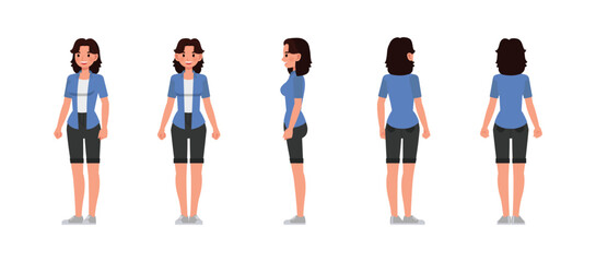 Woman front, side and back view wear blue shirt character vector illustration design set. Presentation in various action.