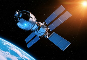 Satellite in Space with Earth's Horizon and Glowing Solar Panels