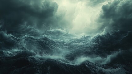 Fototapeta premium Dramatic ocean scene featuring dark, stormy clouds above turbulent waters