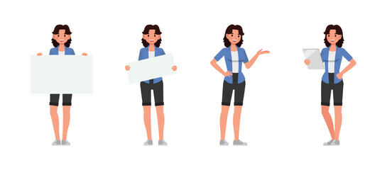 Woman wear blue shirt character vector illustration design set. Presentation in various action.