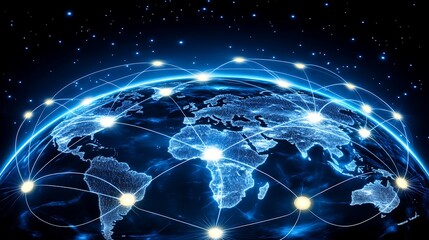 Obraz premium A digital representation of the Earth with glowing lines connecting continents and cities.