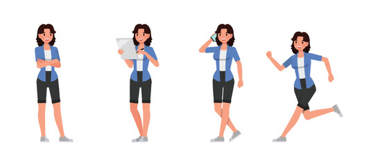 Woman wear blue shirt character vector illustration design set. Presentation in various action.