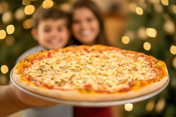 A family enjoying a delicious freshly baked pizza in a cozy setting during a festive celebration