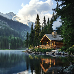Fototapeta premium A small cottage in the woods, by a peaceful lake, surrounded by silence and the golden light of the sunset. A perfect escape from the world, a place for inner harmony and peace.